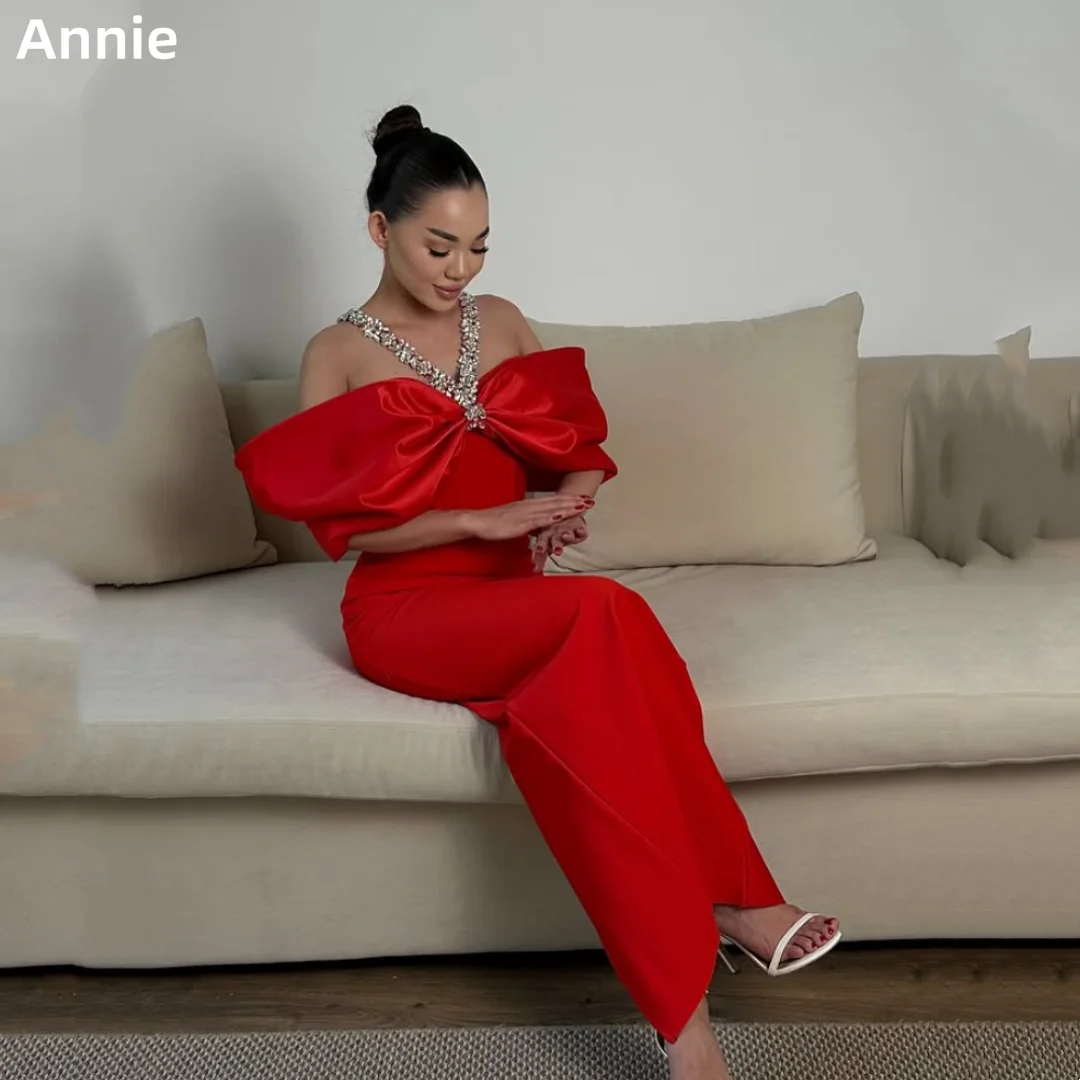 

Annie Glitter Beaded Halter Prom Dresses Red Satin Evening Dresses Slim Fit With Four-way Stretch Ankle Wedding Party Dresses