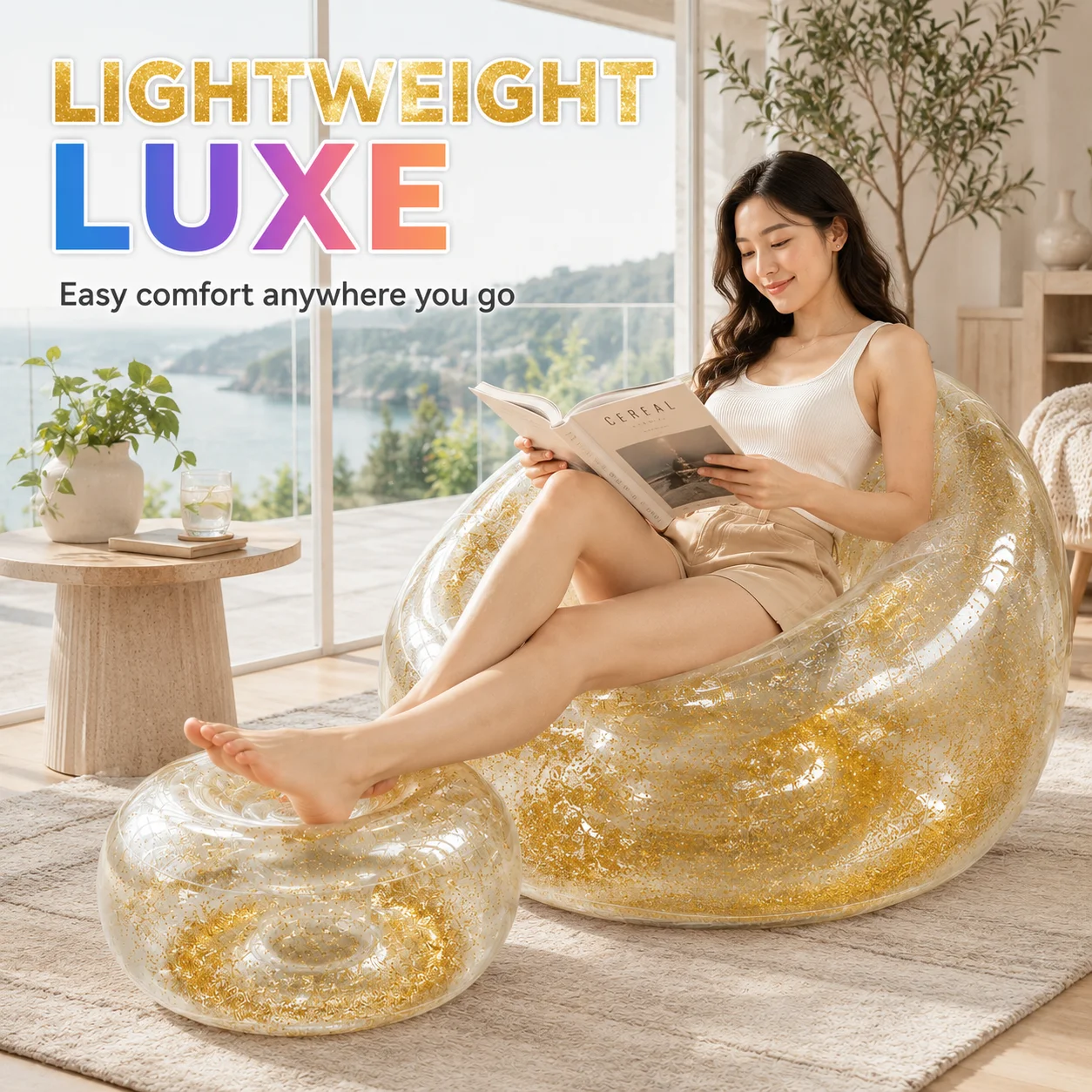Inflatable Glitter Lounge Chair, Air Sofa Pool Float, Transparent PVC Recliner Gold Pink Silver Blue Portable Indoor Outdoor
