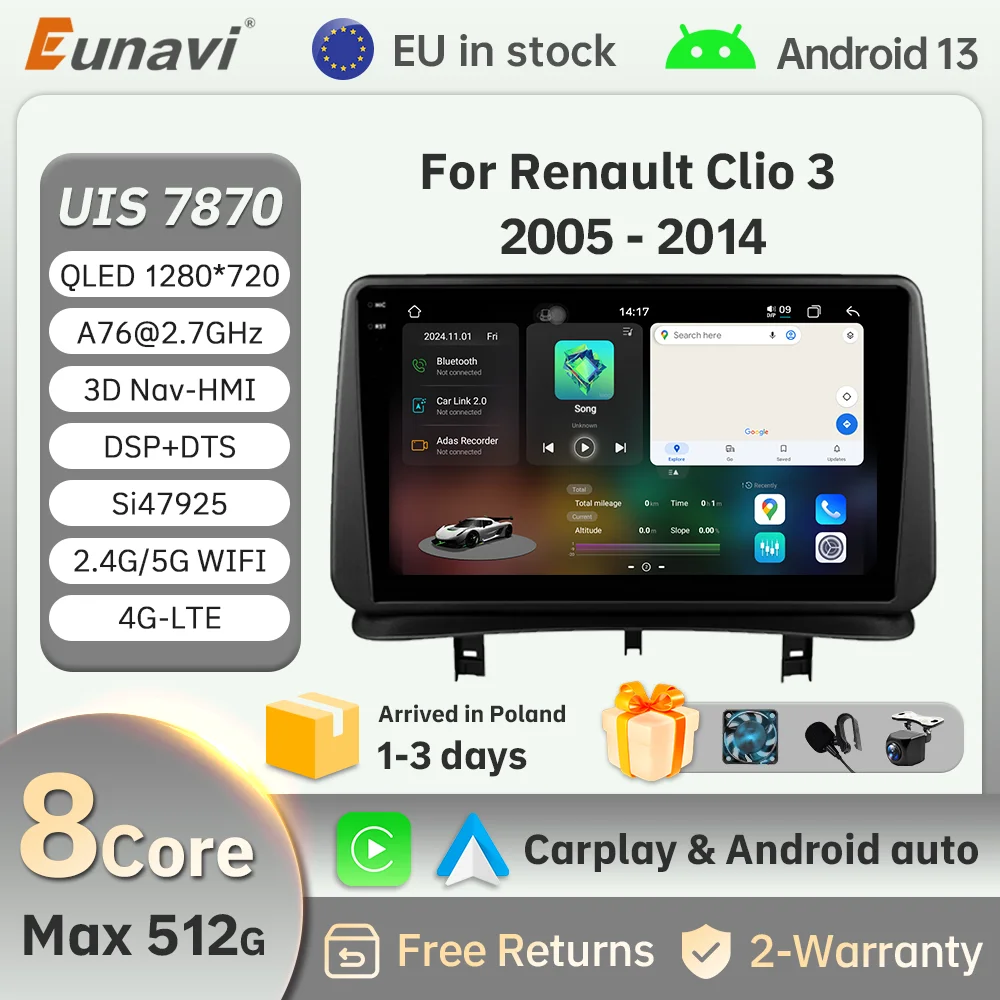 Eunavi CarPlay Autoradio Lettore Multimediale Per Renault Clio 3 2005 2006 2007 2008 2009 2010-2014 Android Auto GPS 2din autoradio