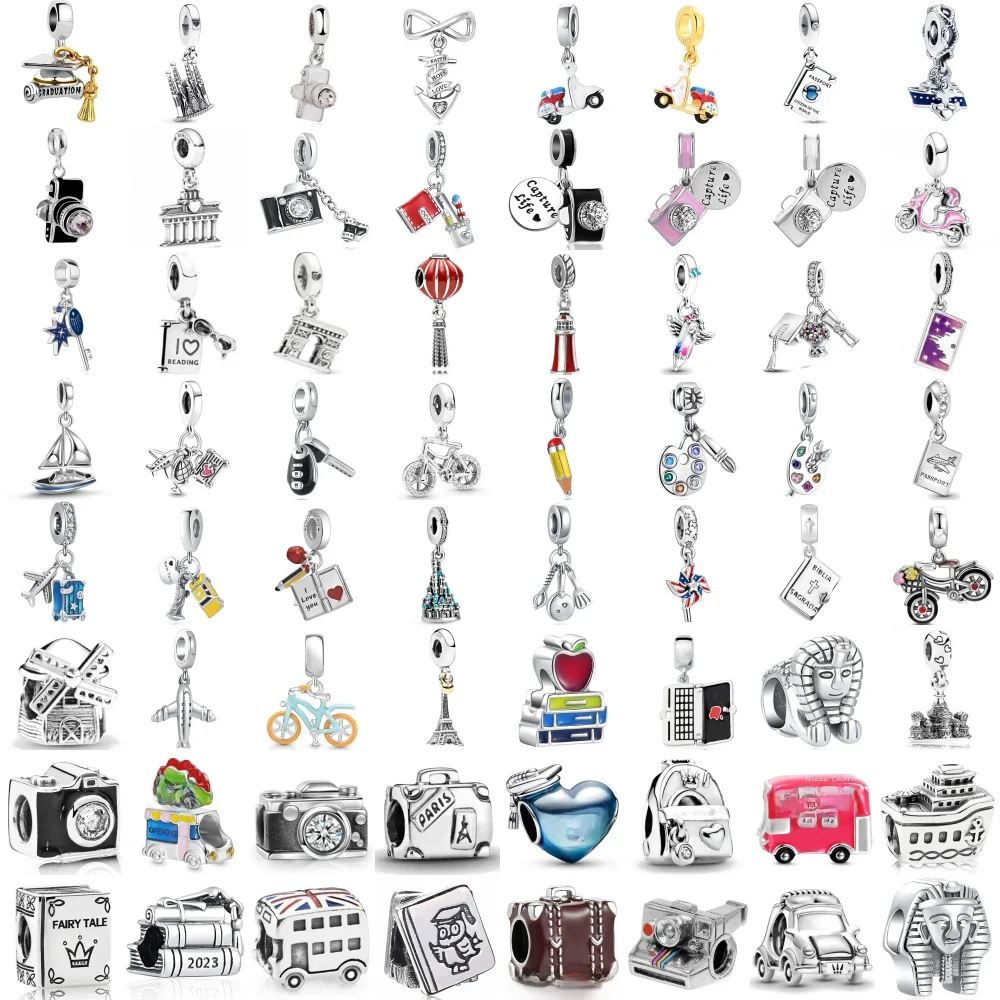 AliExpress Disney 925 Silver Bicycle airplane Passport Read Graduation Gift Season PhD cap Charm Bead Diy Fit Original