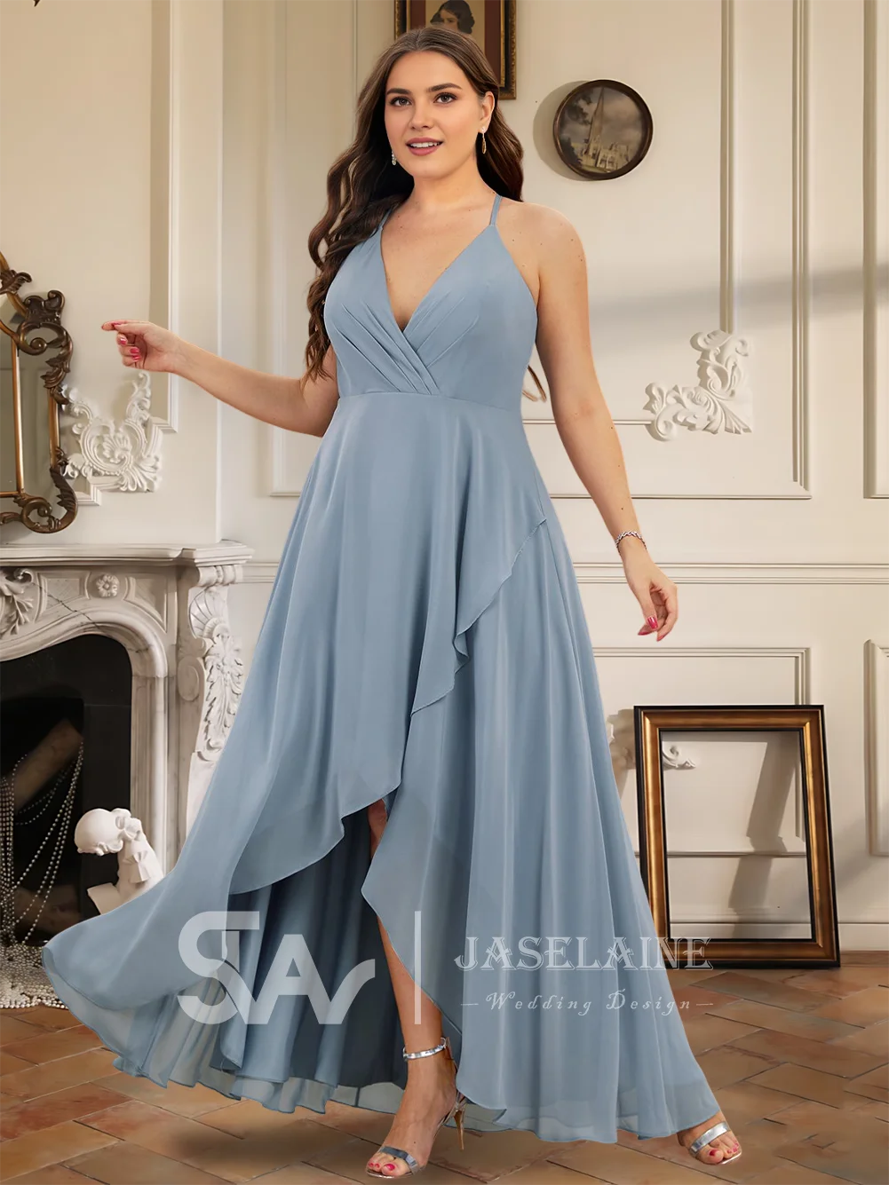 

QA Women Prom Dresses Women A Line Wedding Party Formal Chiffon V Neck Spaghetti Straps Asymmetrical Hem Faux Wrap Evening
