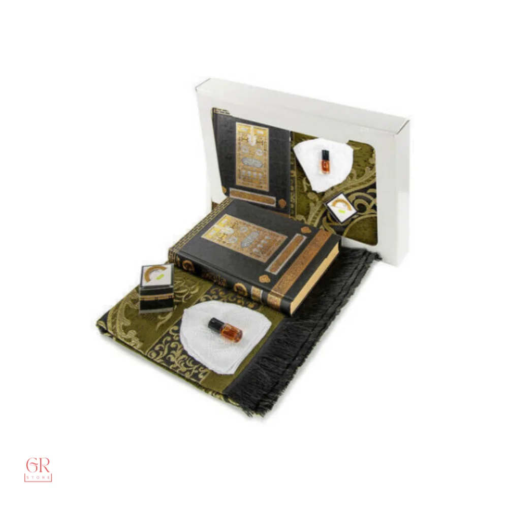 Ramadan Special Set 2 Medium Sized Quran, Chenille Prayer Rug, Skull, Essence, Kaaba Boxed Hijaz Album, Special Box