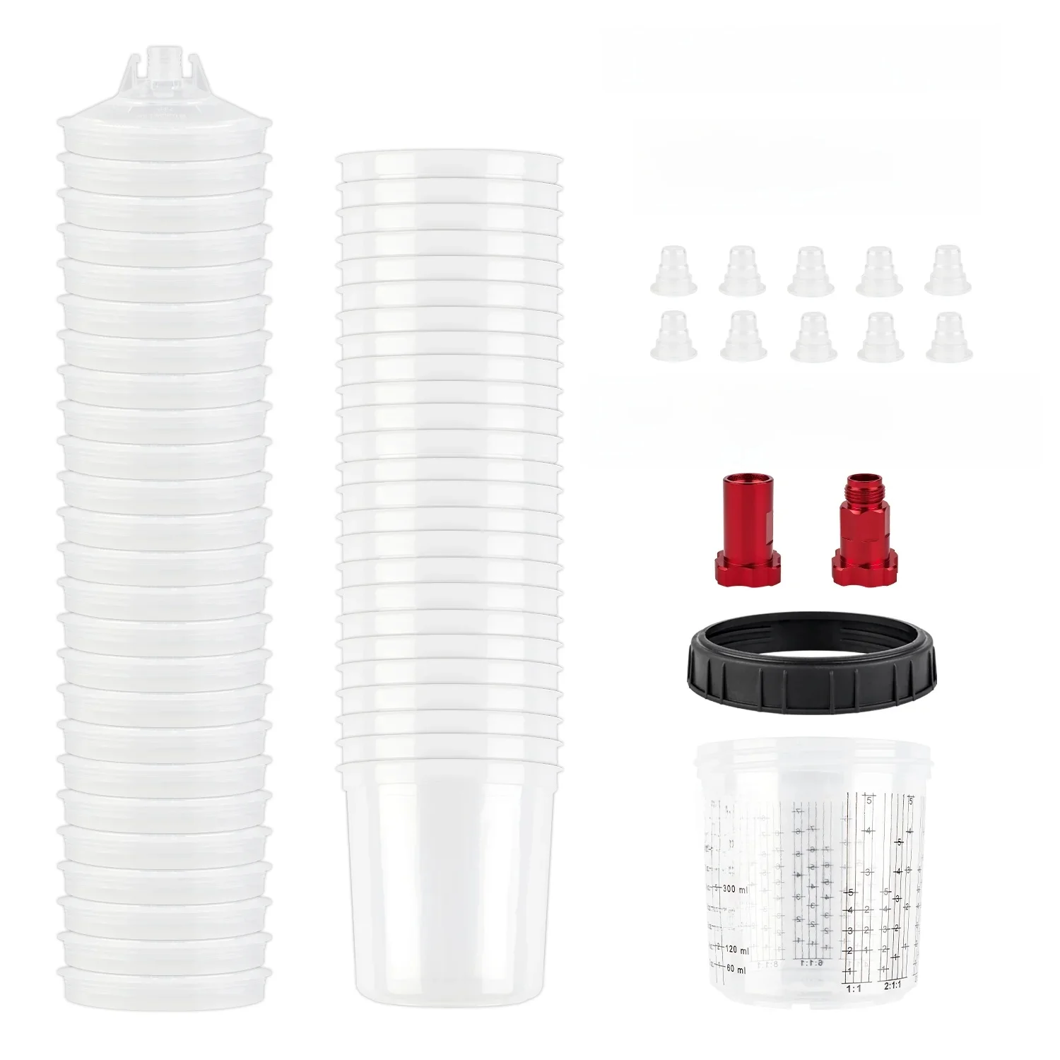 10/25/50 stuks/set spuitpistoolverfmengbeker, spuitpistooltank, 20,3 oz/600 ml, wegwerpverfbeker, met 2 spuitpistoolbekeradapters en 1 roerstaafje - afbeelding 2