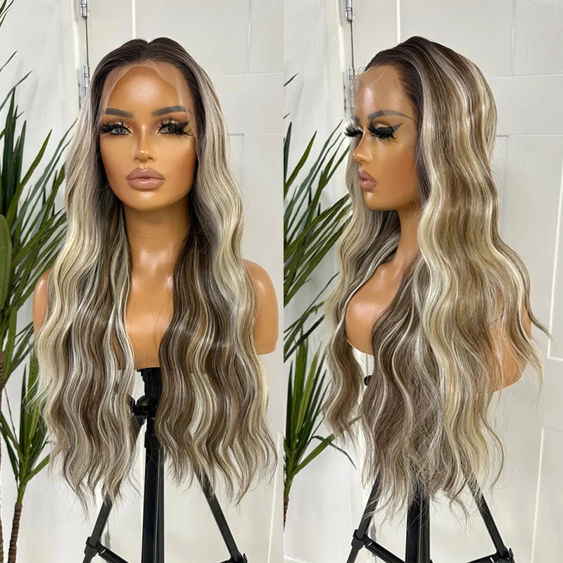 Rooted Brown Blonde Highlight Long Wavy Wig Premium Synthetic Heat Safe Transparent Lace Frontal Wig Gift for Her Wigs for Women