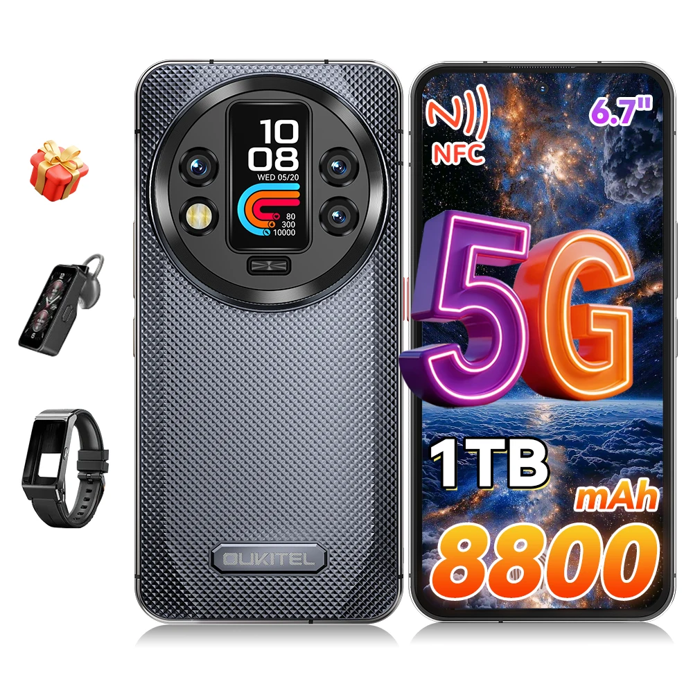 OUKITEL WP200 Pro 5G 6,7'' Robuuste Mobiele Telefoon 72GB(24+48)+1TB Android 15 120Hz 108MP+32MP 8800mAh 45W Dual SIM AI NFC BT 5.3