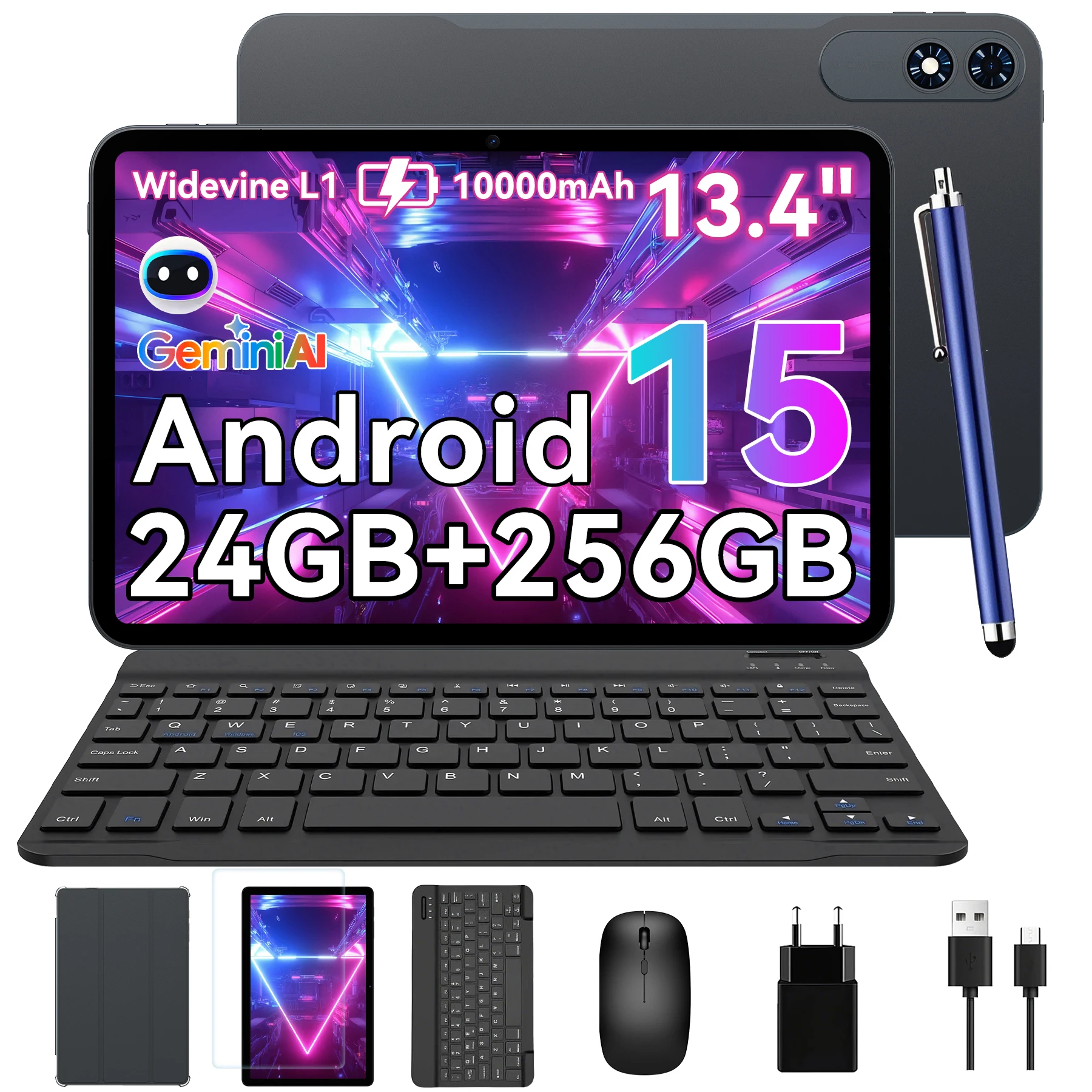 KINGRID T60 PRO Android 15 Tablet-PC mit Tastatur - 13,4' 24GB + 256GB (2TB TF), 10000mAh, 16MP+8MP, Mit Bluetooth-Maus, Tastatur Tablet Android