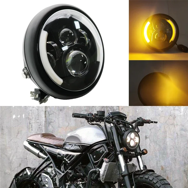 Phare Led universel pour motos, 7.5 pouces, pour Cafer Racer, Kawasaki, Yamaha, blanc/ambre, pièces de lampe Chopper