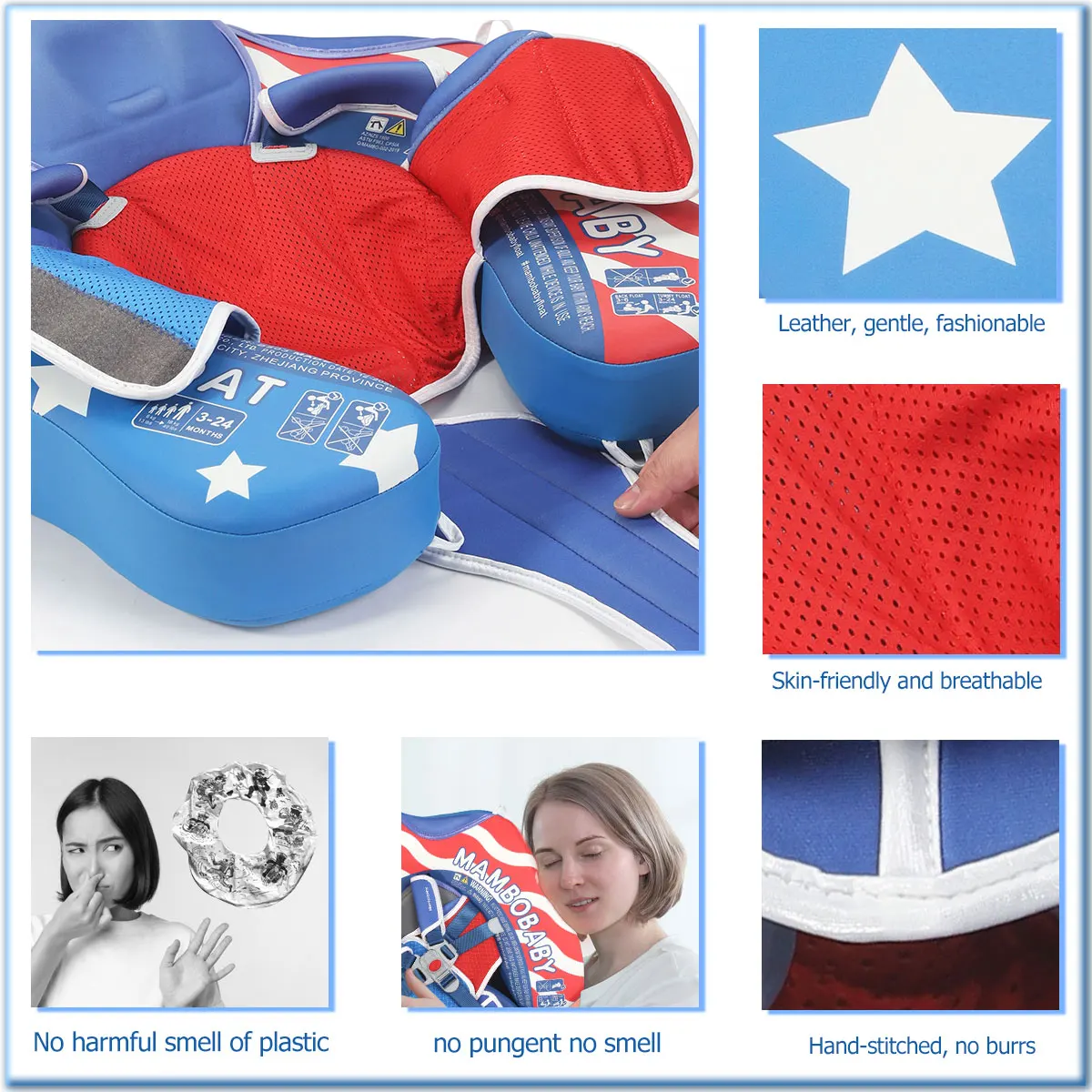 MAMBOBABY FLOAT Sunny Navigator Baby Pool Float พร้อมหลังคา US Flag ปลอดภัย Air-Free Core, สบาย, ป้องกันแสงแดดแบบปรับได้