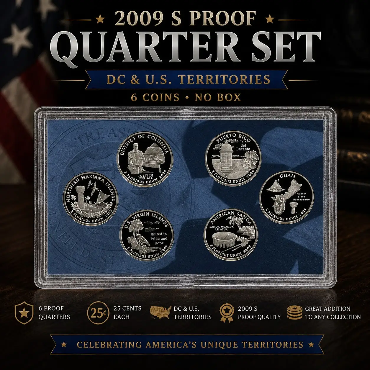 2009 S Proof Quarter Style 6 Piece Collection Set, Special Finish Vintage Series, Classic Currency Theme, Historical Memorabilia Set, Collecting Starter Pack, Desktop Decor Item, Home Library Display, Gift Choice