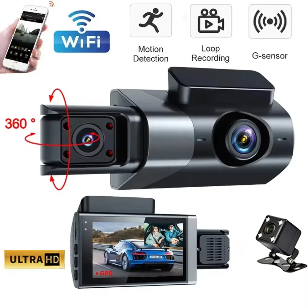 New HD Dashcam 3 Channel Car DVR Front and Rear View Camera WIFI Video Recorder Parking Monitor Night Version Dash Cam for Cars