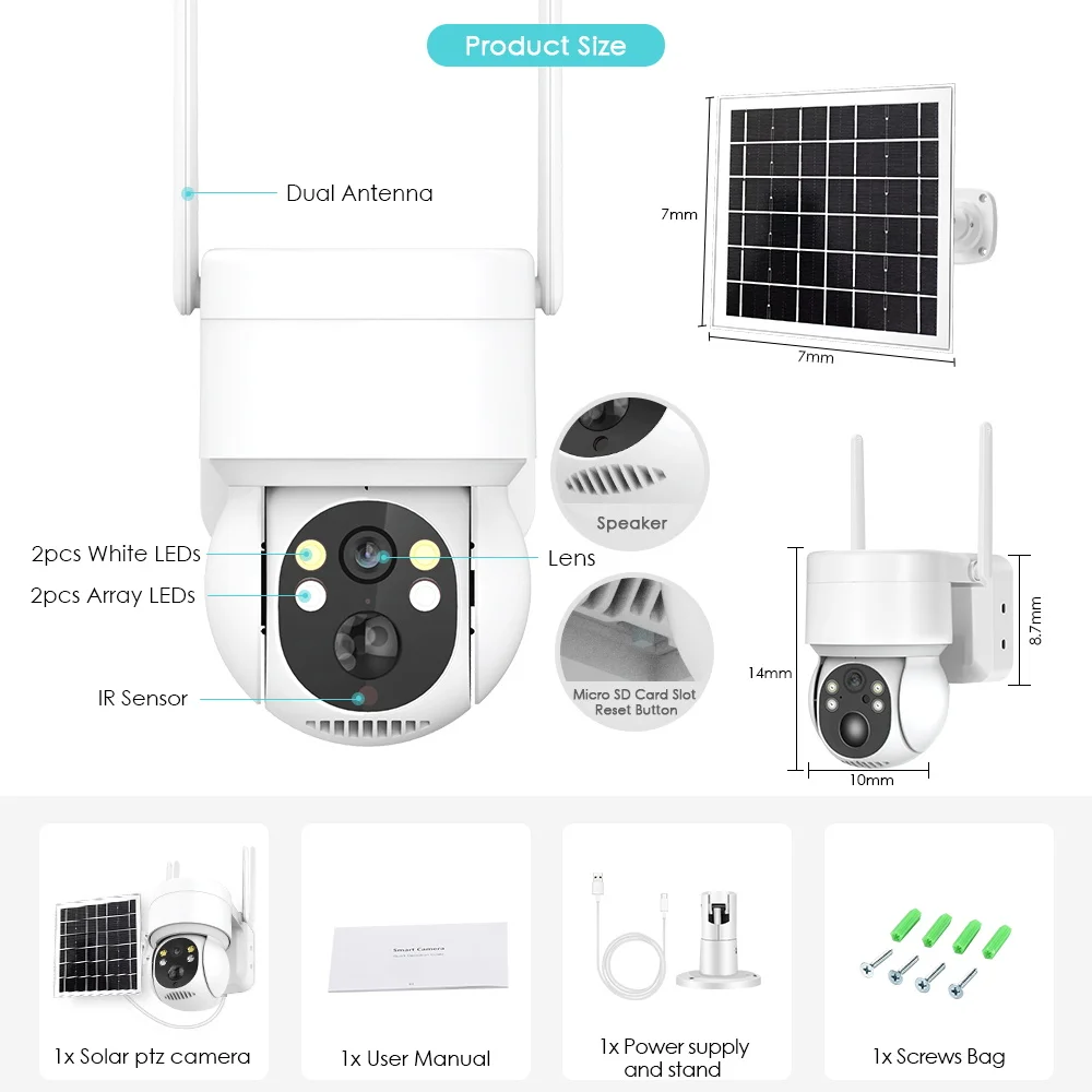 4MP WIFI Solar Camera PIR Human Detection Outdoor Security With Solar Panel PTZ Surveillance Camera iCsee Rechargeable Battery