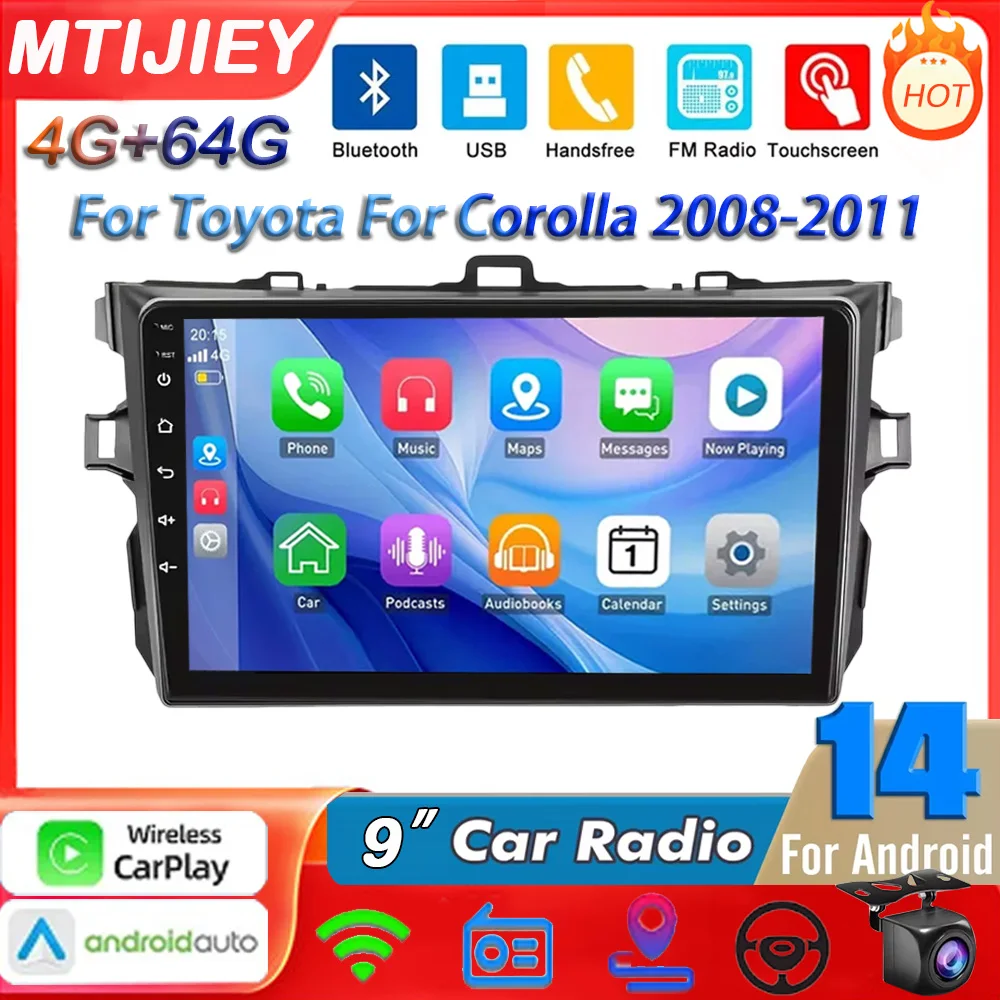 Android 14 Carplay WIFI Car Radio For Toyota For Corolla 2008-2011 Multimedia Video Player Navigation GPS Audio Stereo 2 Din DVD