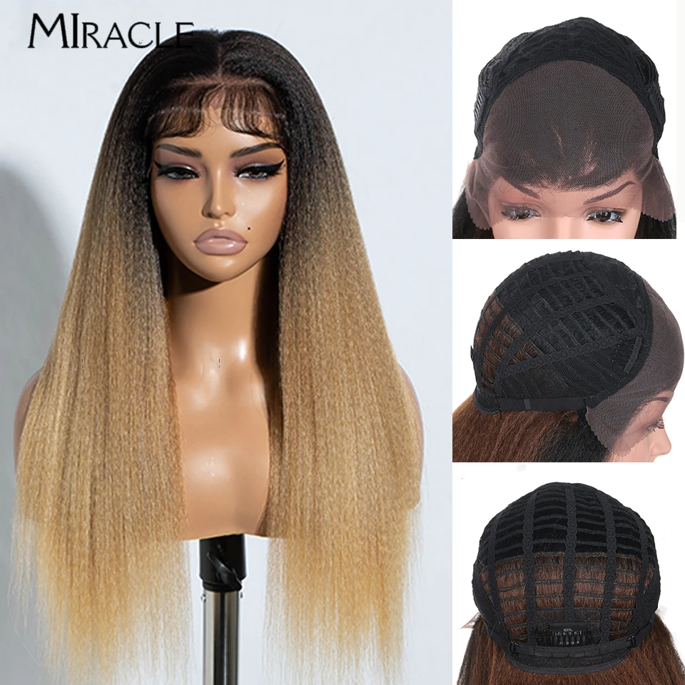 

Miracle 13X4 Yaki Straight Synthetic Lace Front Wigs For Black Women 26" Lace Wigs With Baby Hair Free Part Ombre Blonde Wigs