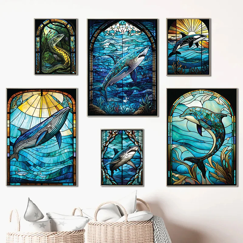 Abstract Sealife Stained Glass Pattern Art Poster Prints Canvas Painting Seahorse Manta Ray Whale Shark Dolphin Home Decor