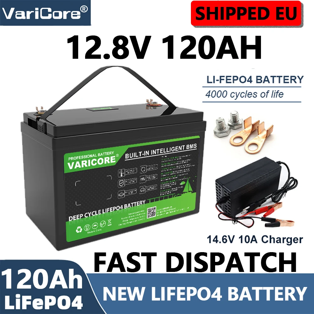 Batteria al litio ferro fosfato da 14,6V 120Ah 12,8V, con inverter e caricabatterie, batteria di accumulo di energia a ciclo profondo al litio ferro fosfato, adatta per sistemi solari, camper, barche