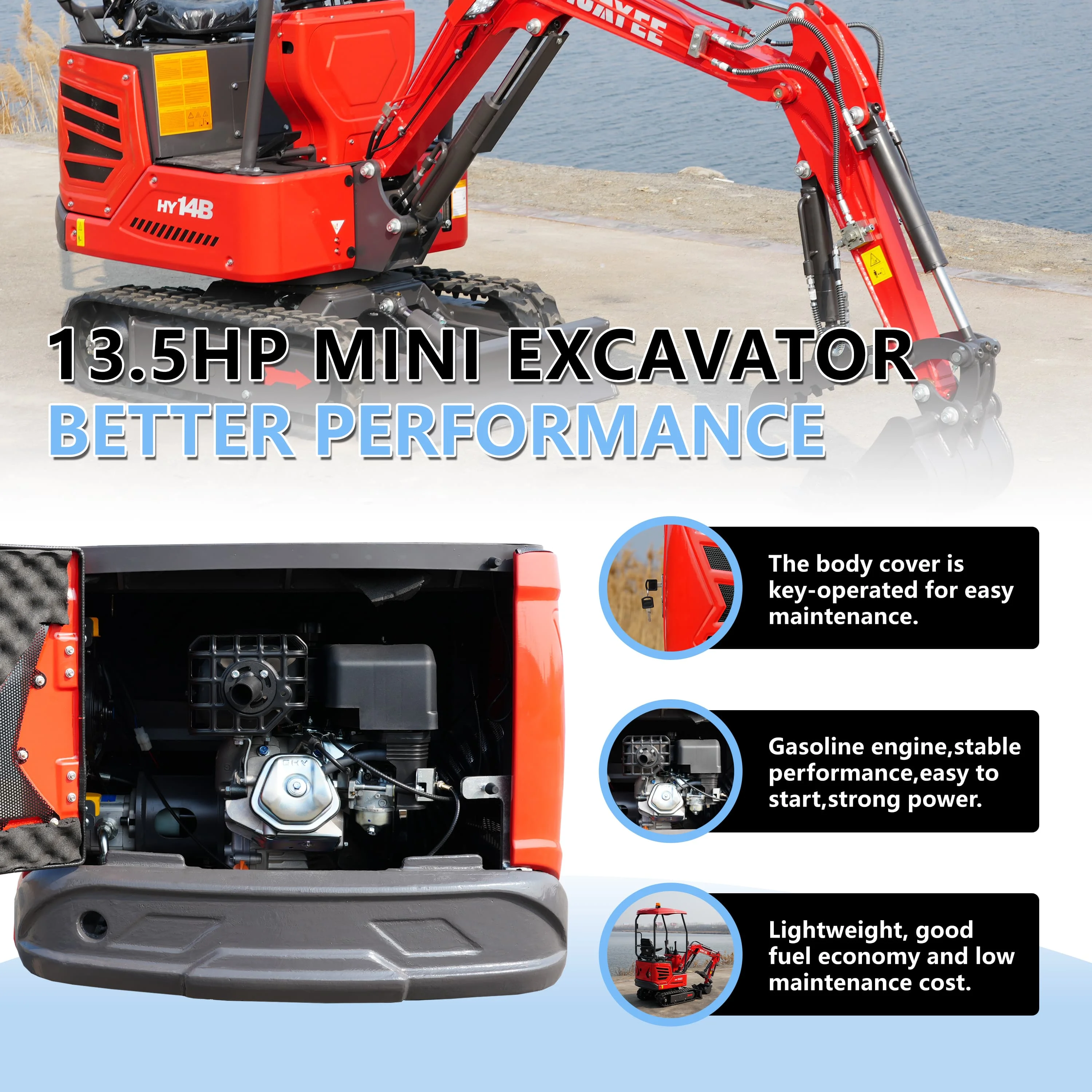 HUAYEE HY14B mini excavator is equipped with dual joysticks and hydraulic thumb clamps, suitable for gardens, parks, farms.