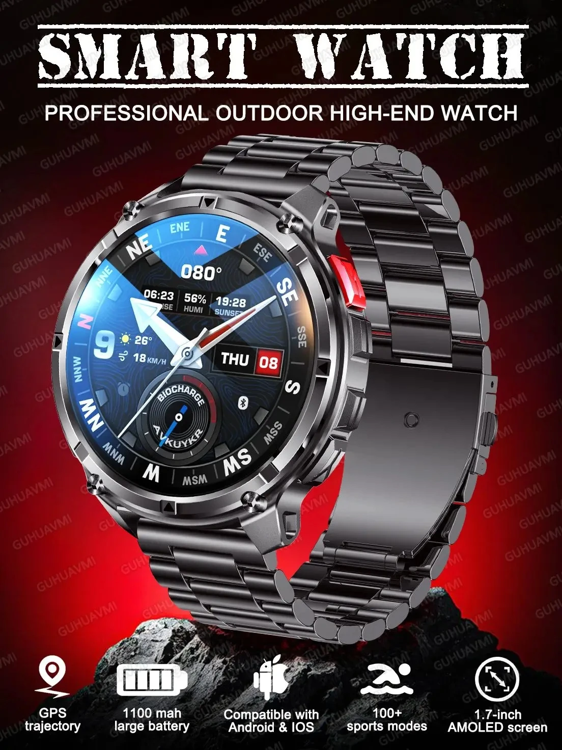 Nowy smartwatch z wbudowaną baterią o dużej pojemności 1100 mAh, 1,7-calowym dużym ekranem, latarką, kompasem, wodoodpornością IP68, funkcją połączeń Bluetooth, sportowy smartwatch dla mężczyzn. — 2