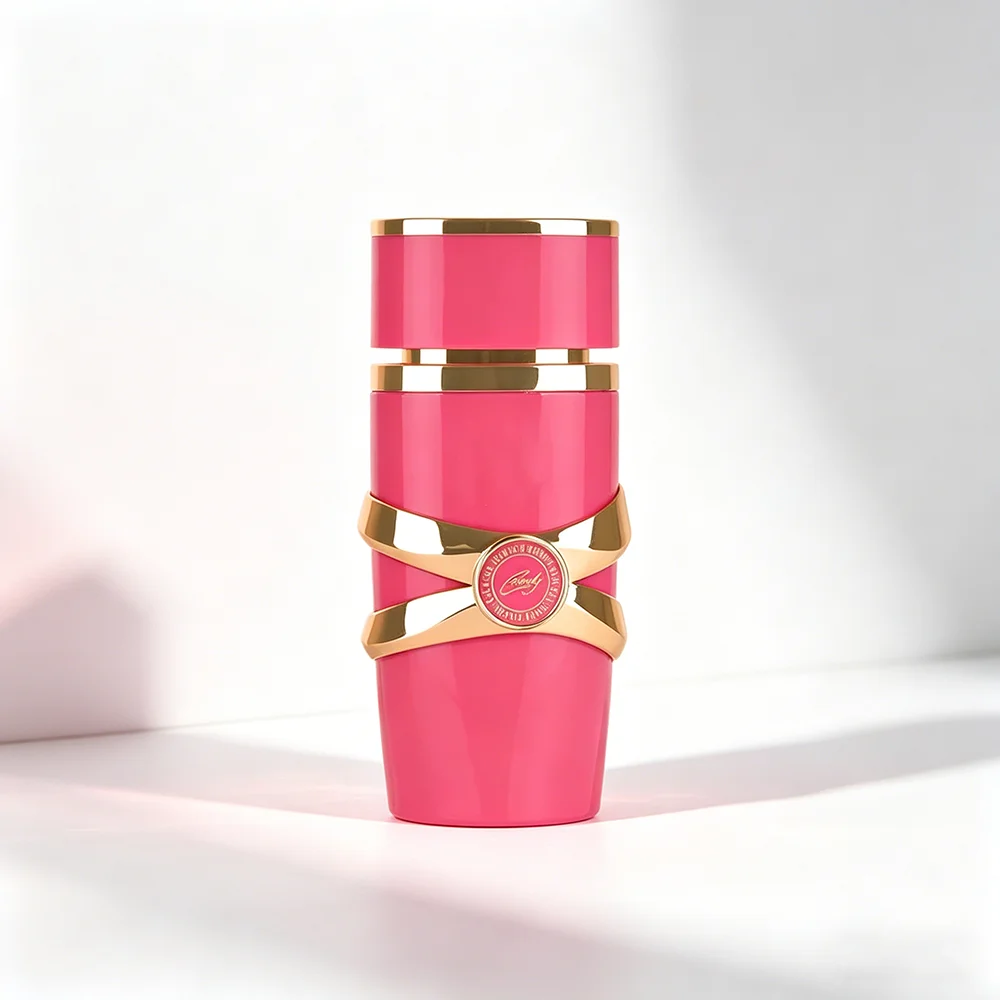 Embalagem Candy Perfume — caixa floral rosa com arabescos brancos