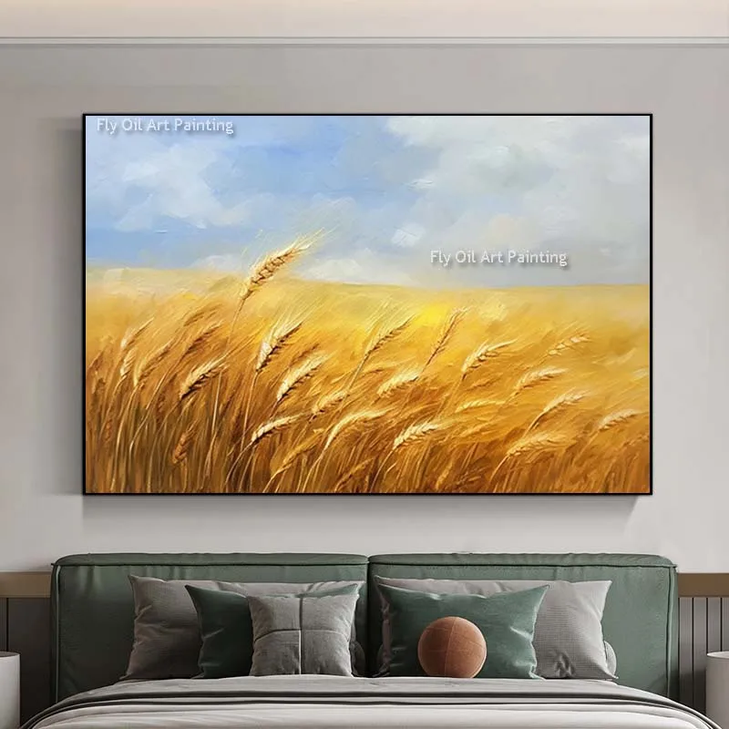 Golden Wheat Waves Oil Painting Golden Wheat Field Hand Painted Canvas Painting Modern Yellow Artwork For Living Room Decor