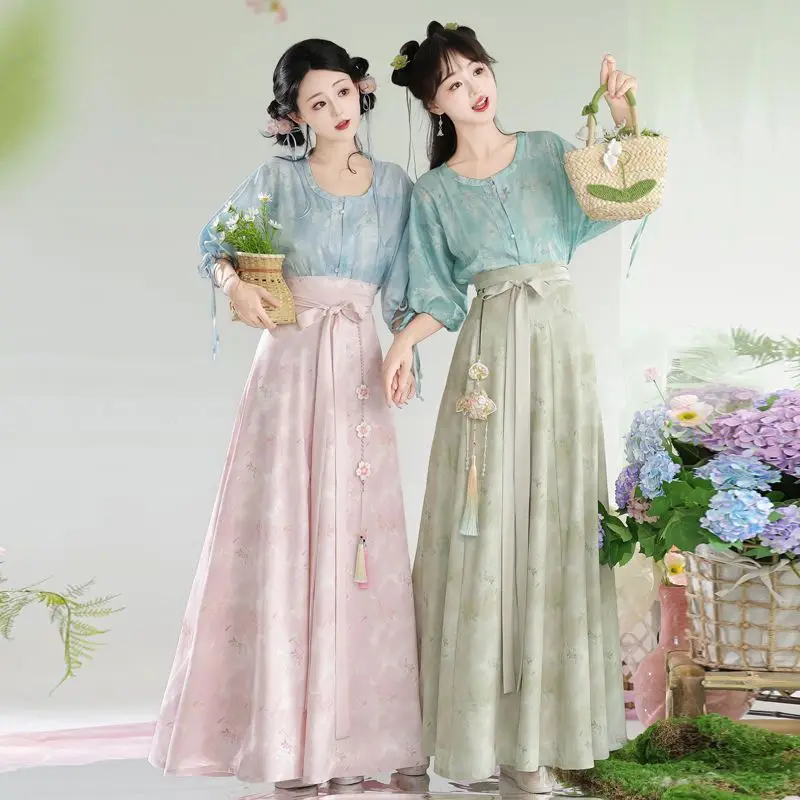 Vestido Hanfu chinês para mulheres, fantasia cosplay, vintage, antiga dinastia Tang, tencel impresso, diário, conjunto 2 peças, roupa de festa