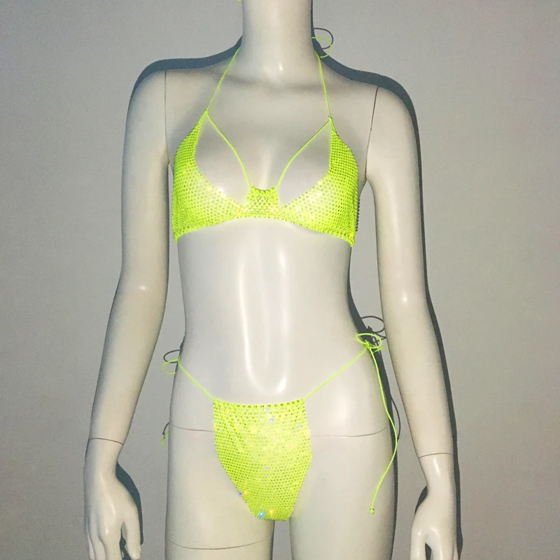 AKYZO-Bikini de rejilla brillante para mujer, traje de baño con diamantes de imitación, Tanga Sexy, fiesta Rave, 2 piezas