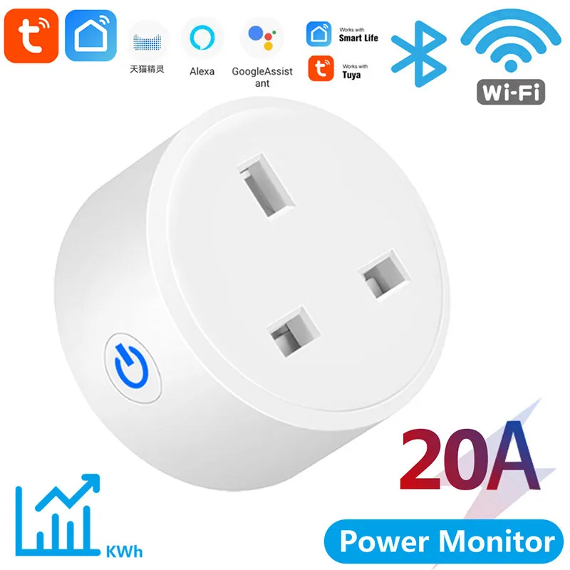 20A Tuya Smart WiFi Plug UK Wireless Control Socket Outlet with Energy Monitering Timer Function Works with Alexa Google Home