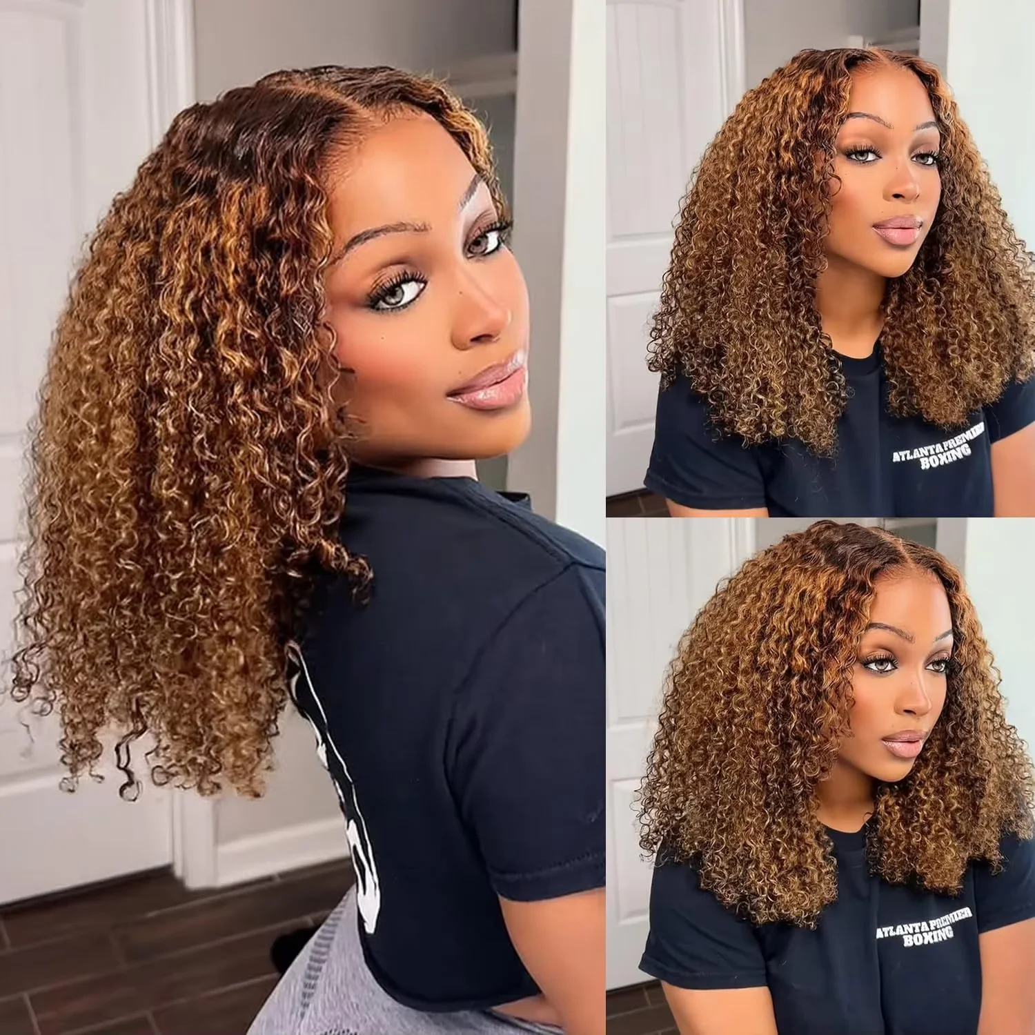 Highlight Deep Wave Bob Wigs Human Hair 250% 13x4 Lace Frontal Wig Color #4/27 Ombre Brown Curly Short Bob Wigs Honey Blonde Short Hair Wigs For Women
