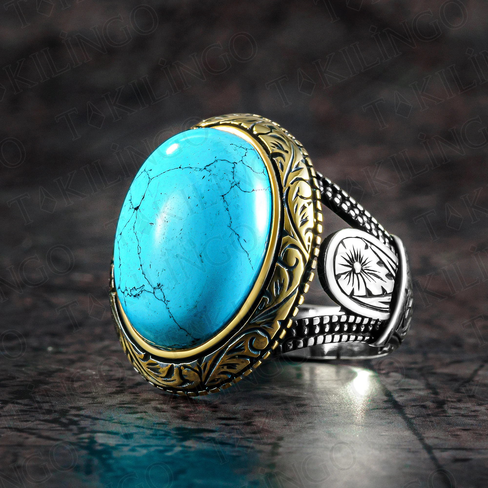 

Elegant Stamped Solid 925 Sterling Silver Oval Turquoise Stone Men's Ring Statement Handmade Jewelry Turkish Gift For Husband