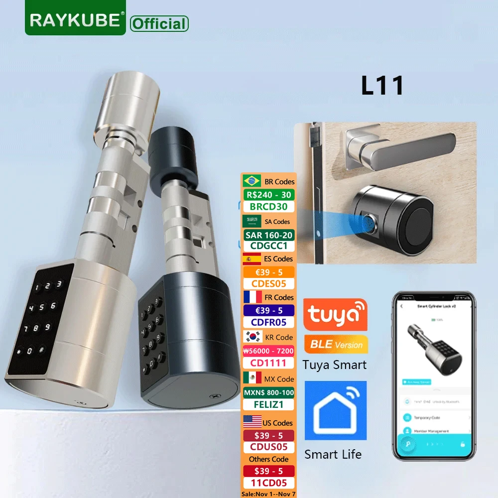 

RAYKUBE L11 TT Lock BEL Fingerprint Cylinder Digital Door Lock With Adjustable Cylinder Length Password/Key/TT Lock APP Unlok