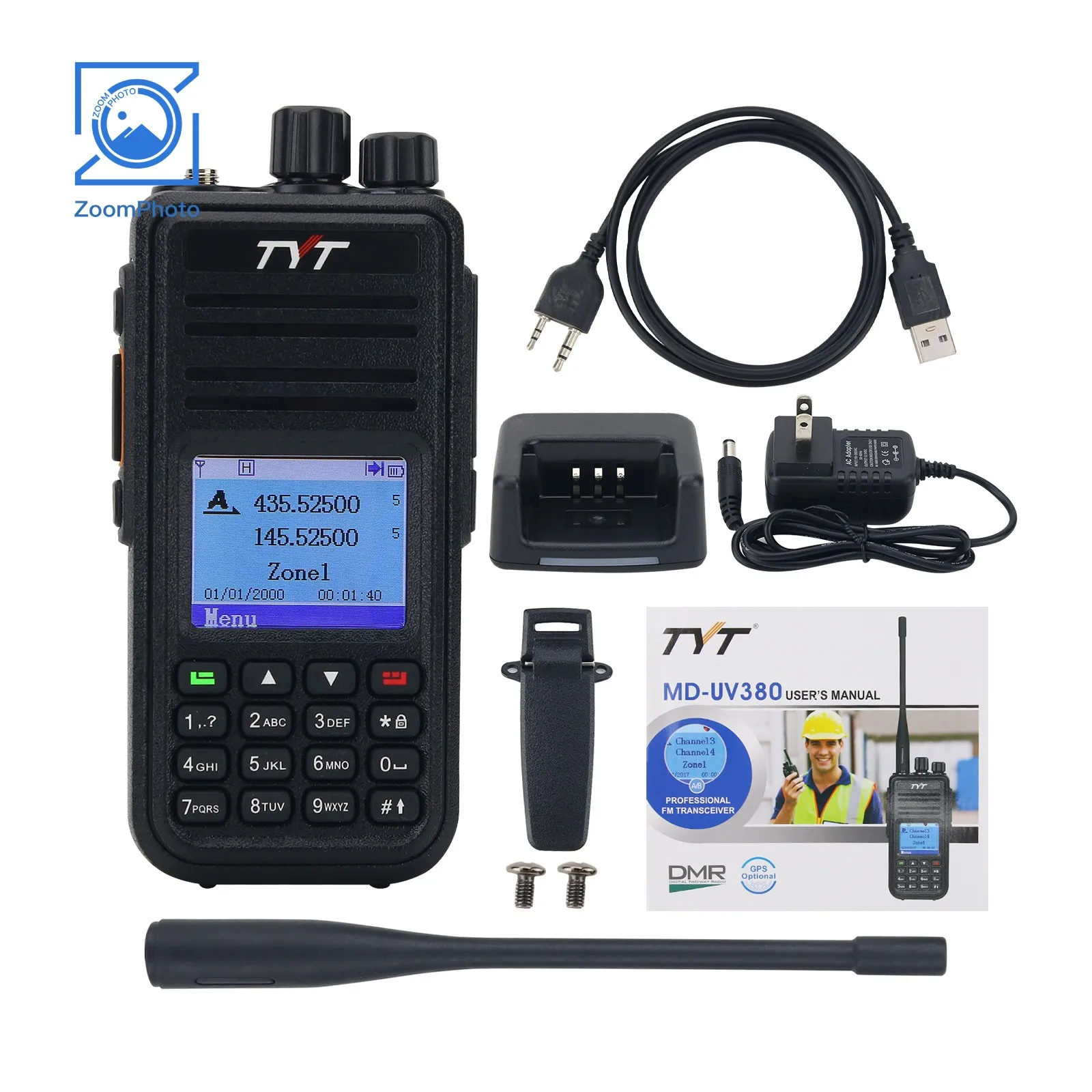 TYT MD-UV380 5W 5KM VHF UHF DMR Transceiver Walkie Talkie Handheld Transceiver w/ Programming Cable  GPS