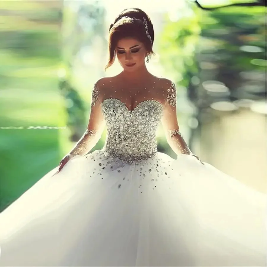 Saidmhamad Sheer Sweetheart Zware Kristallen Baljurken Lange Mouwen Trouwjurk Bruidsjurk Vestido De Noiva - afbeelding 2