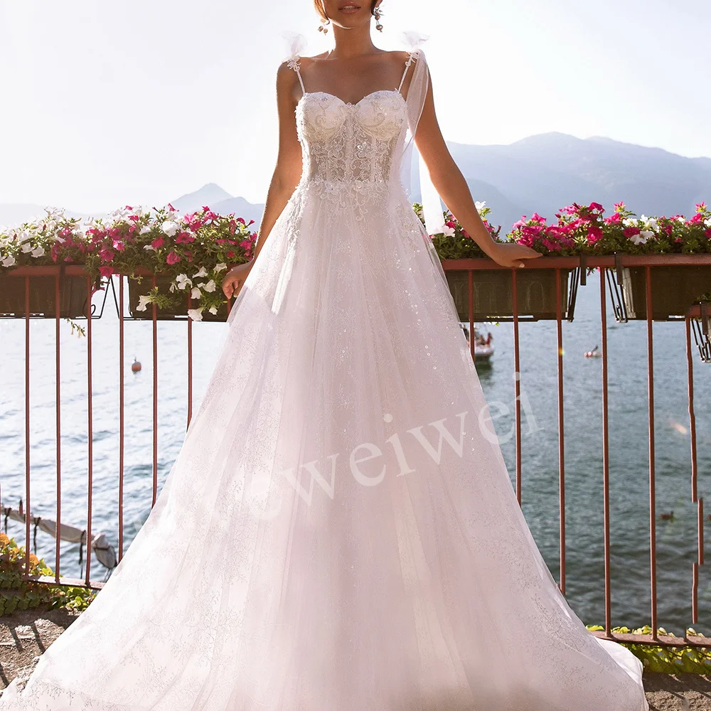 Loveweiwei Tulle Vestidos De Casamento Brilhantes, Querida Pescoço, Correias De Espaguete, Vestidos De Noiva Boho