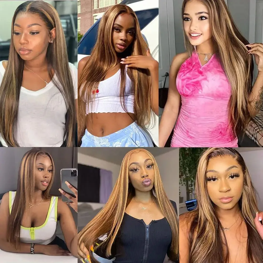 Highlight Bone Straight Bundles with Closure Brown Human Hair Bundles with Closure Ombre Honey Blonde Bundles with Closure