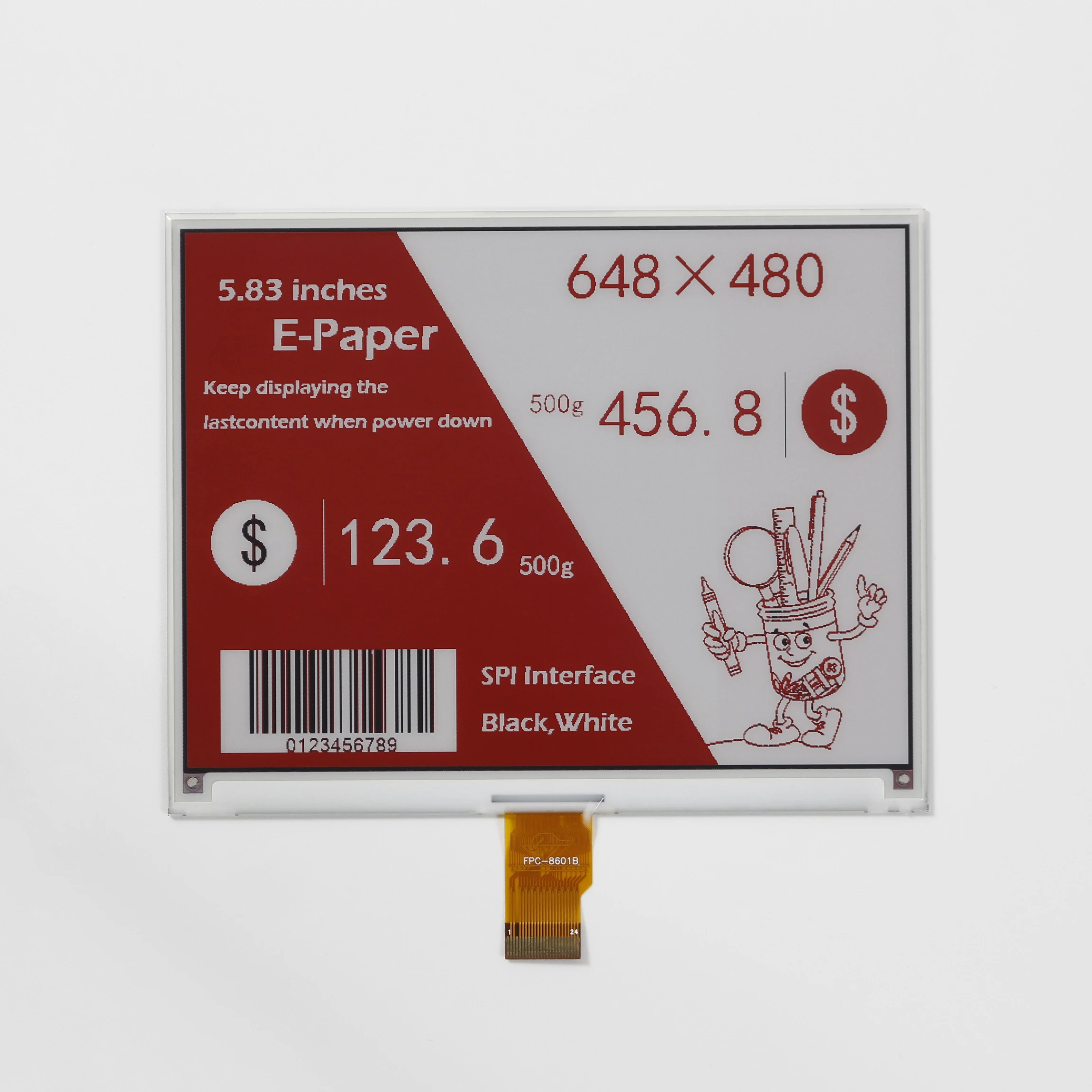 FPC-8601B 5.83 Inch 24Pin Eink Electronic lnk Screen 648x480 Spi Black And White Red Three-color Electronic Paper Display Screen