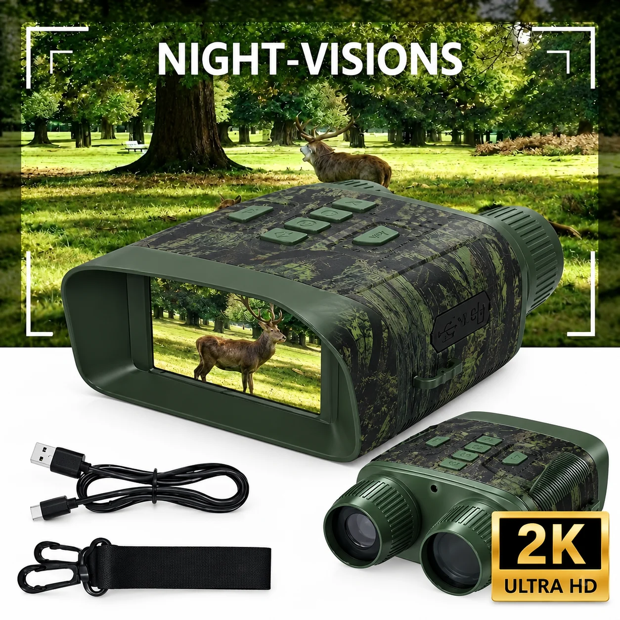 Lunettes de vision nocturne infrarouge 2K HD, jumelles rechargeables USB avec écran 3" et zoom numérique 10X, adapté pour l'observation de la faune Chasse Camping randonneur Backpackers ﻿