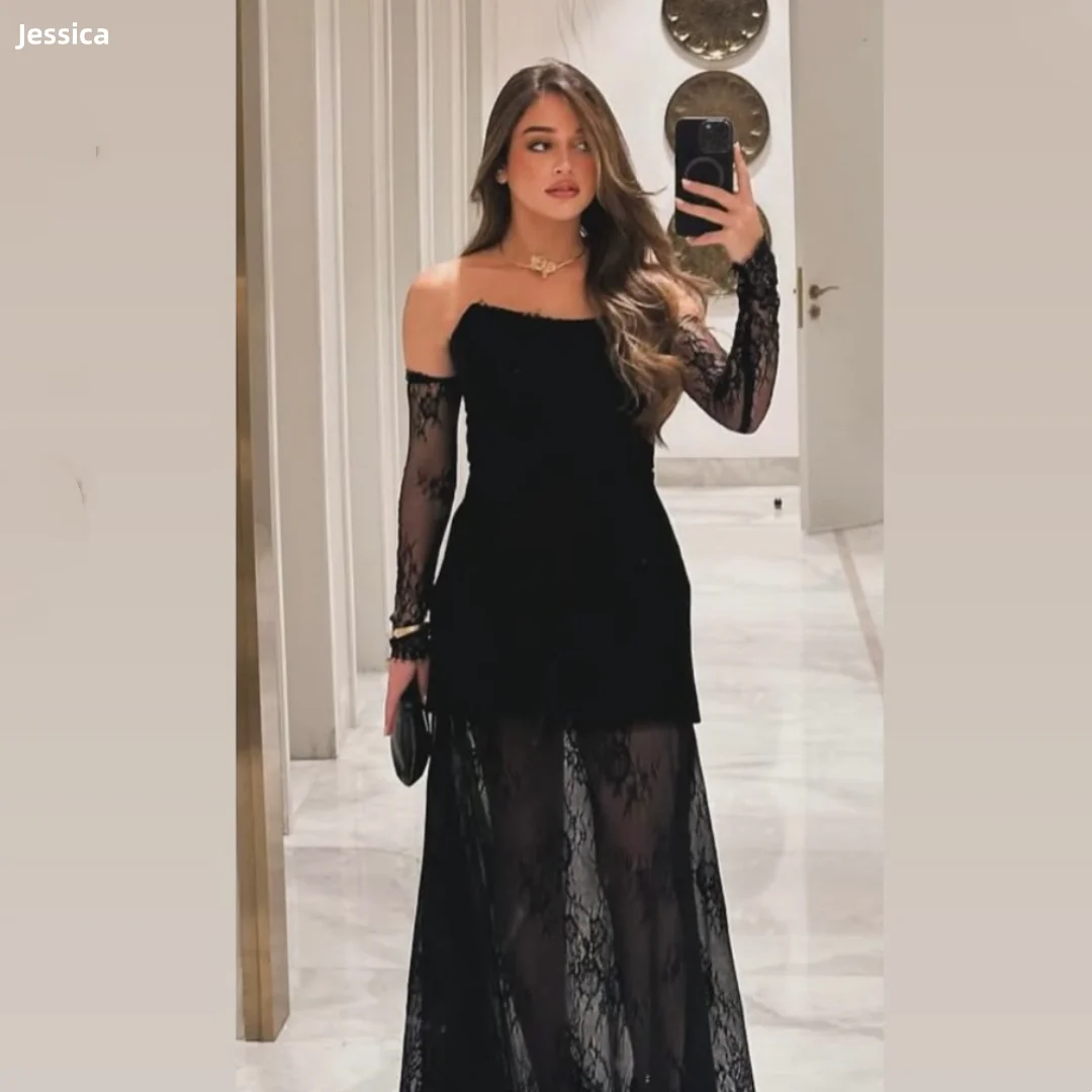 

Jessica Lace Embroidered Sleeves Evening Dresses Black Elegant Lady Prom Dresses Women's Wedding Party Dresses Customized