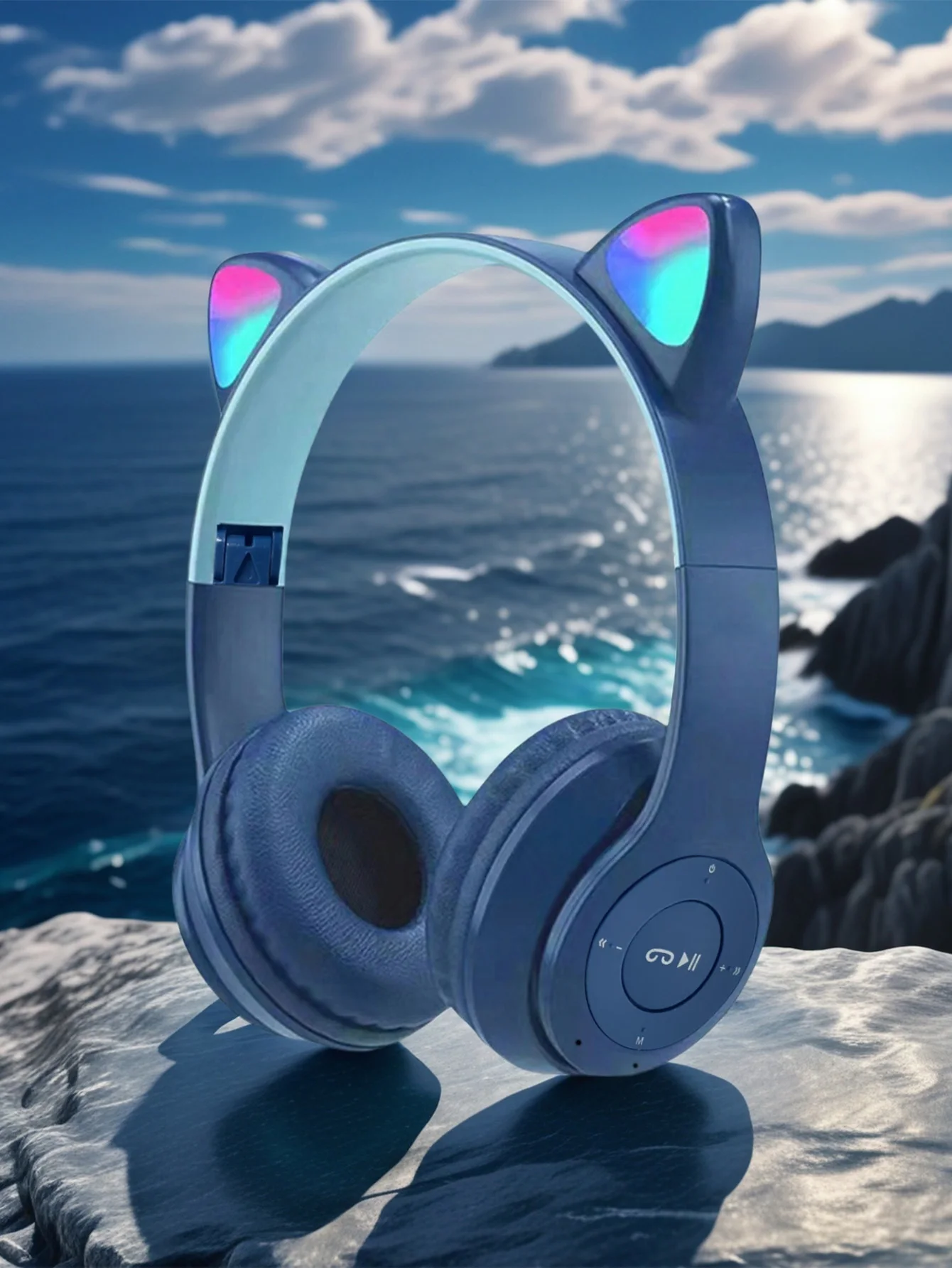P47M Cat Ear Headphones,RGB Colorful LED Light Up Gaming Bluetooth Headset,Foldable Wireless Stereo Headphones for Girls&Student