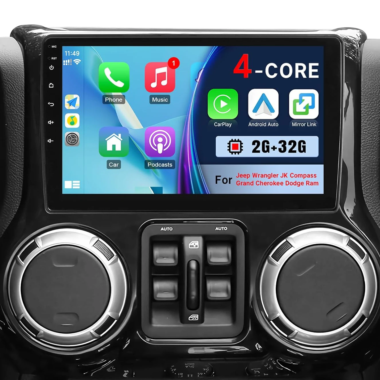 10.1 Inch IPS Touchscreen Head Unit with Carplay Android Auto MirrorLink GPS BT WiFi SWC Hi-Fi for Jeep Wrangler JK Compass Gran