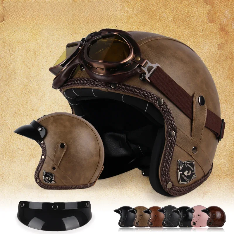 AliExpress NONE UCHOOSE Retro Motorcycle Helmet PU Leather Open Face 3/4 Chopper Bicycle Helmets Classic Casco Moto Vintage