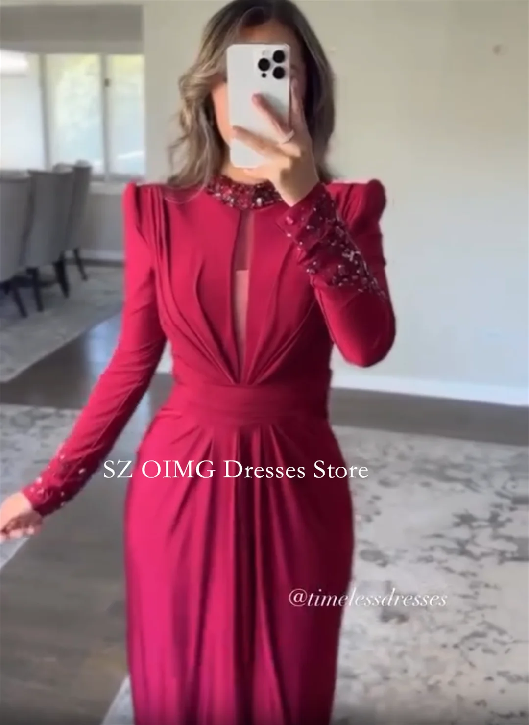 OIMG Dubai Mordern High Neck A-Line Prom Dresses Evening Dress Satin Red Beads Crystals Women Evening Gowns Formal Party Dress