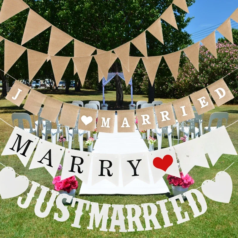 Vintage Burlap Triangle Banner Dekoracja ślubna Just Married Bunting Flag Garland na wesele Wiszące dekoracje Rekwizyty fotograficzne — zdjęcie 2