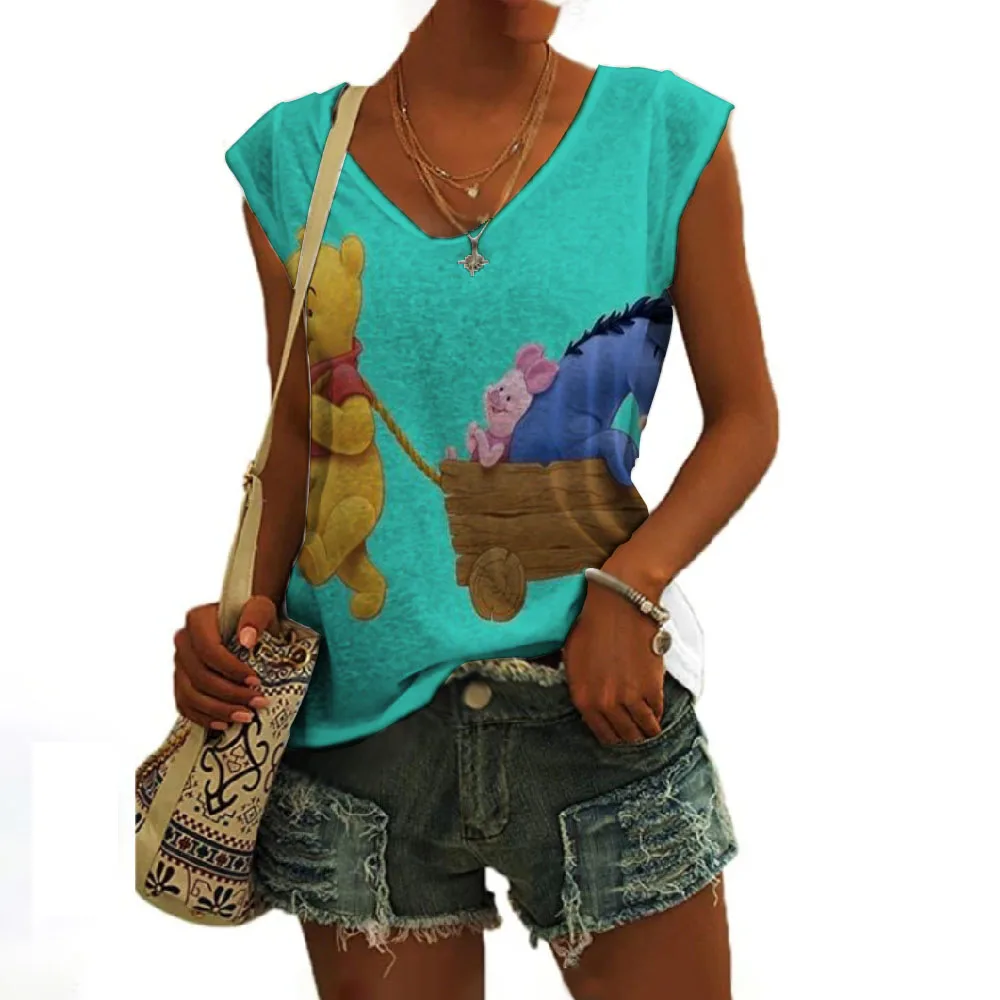 2023 summer new fashion all-match casual ladies slim tops Disney cute Winnie the Pooh anime print street sleeveless V-neck vest