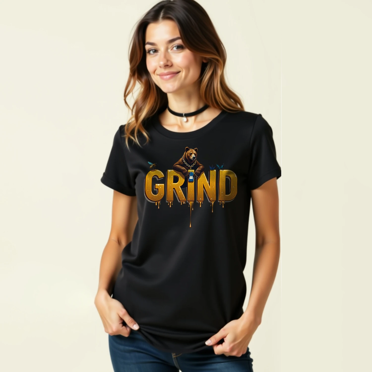 GRIND Bear Bee New Summer Cotton Female Short-Sleeved O-neck Soft T-shirt Tee Unisex Oversized Tshirt Tee Sarcas Graphic Design