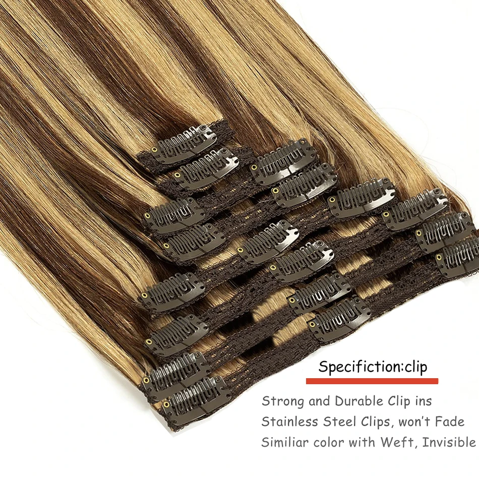 تسليط الضوء على كليب في وصلات الشعر لون الشعر البشري الحقيقي # 4/27 مشبك برازيلي في وصلات مستقيمة 16-26 بوصة لون طبيعي #3