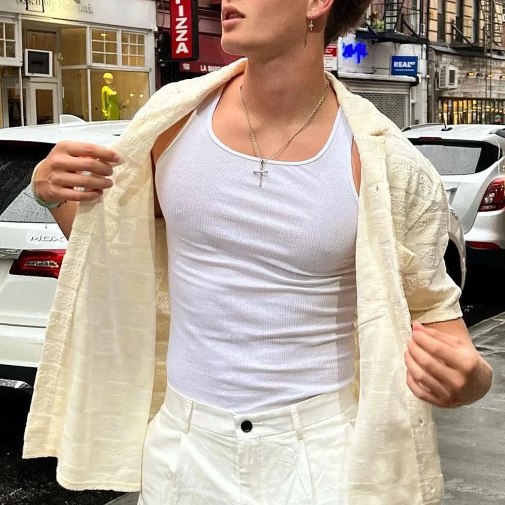 Mens Tight Elastic Knitted Vest 2024 Summer New Fashion Personality Sexy Simple Shaping American Solid Color Tank Top For Men