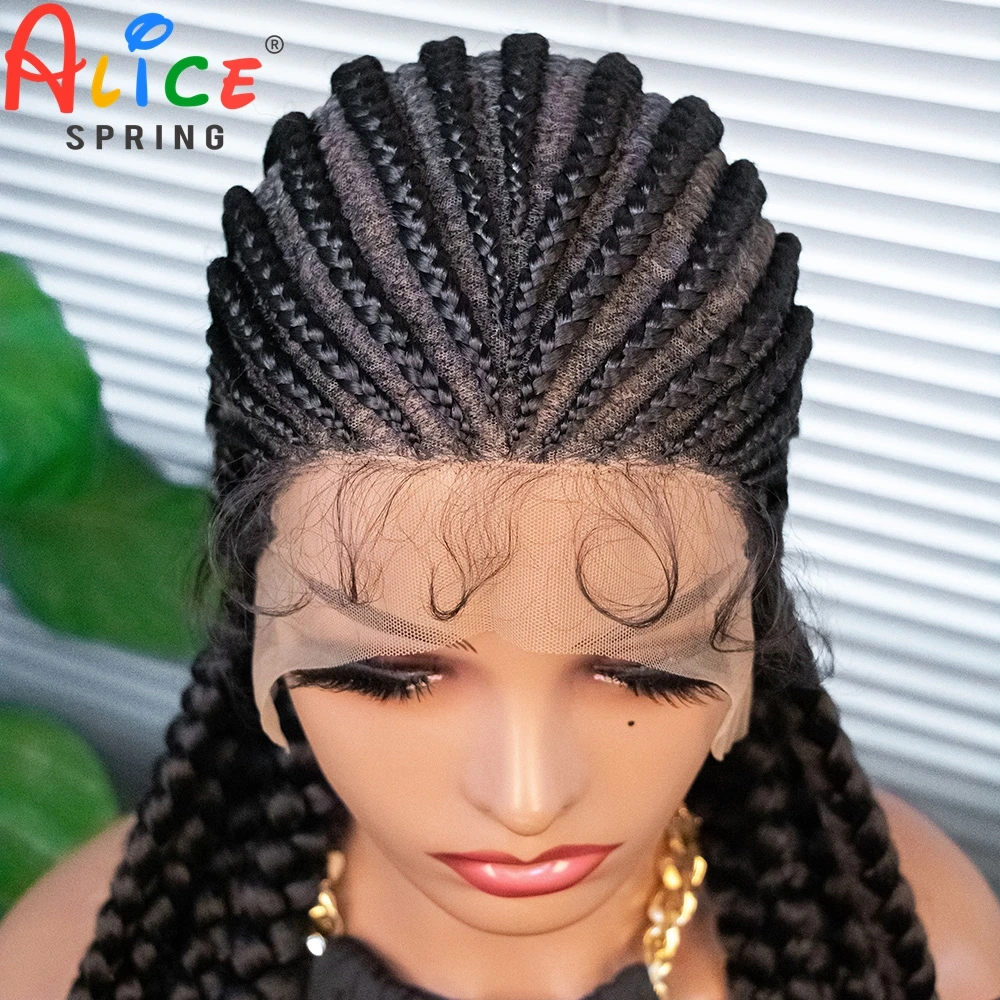 Wig kepang Cornrow 36 inci sintetis renda penuh wig renda kepang dengan rambut bayi rambut kepang Frontal untuk WANITA HITAM