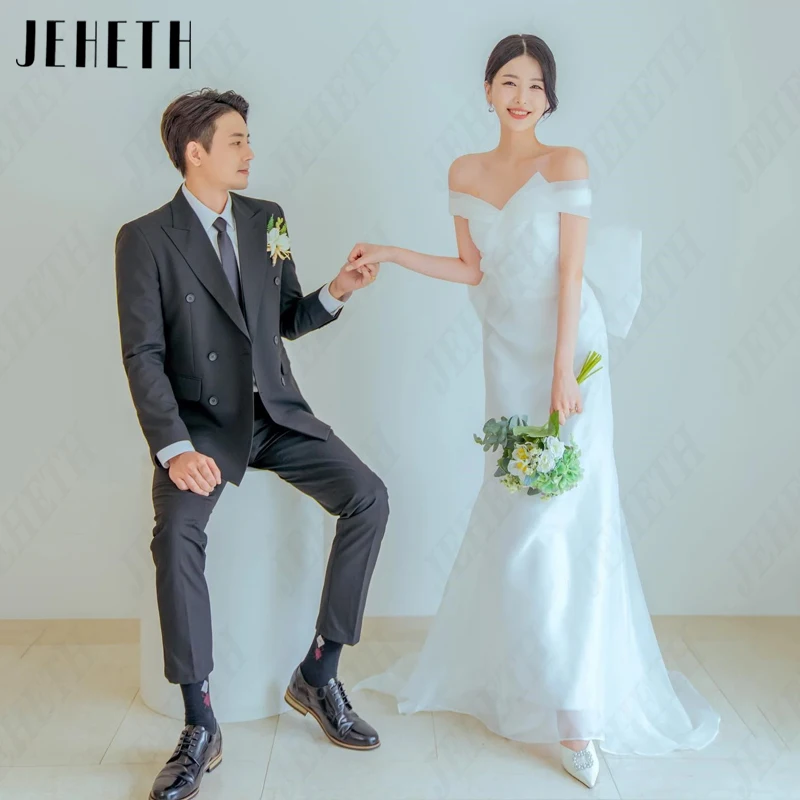 Jeheth Organza Falte Korea Brautkleider Meerjungfrau von der Schulter Brautkleider elegante Bogen rücken freie Vestidos de Novia Custome gemacht Organza Pleat Korea Brautkleider Meerjungfrau Off Shoulder Brautkleider E