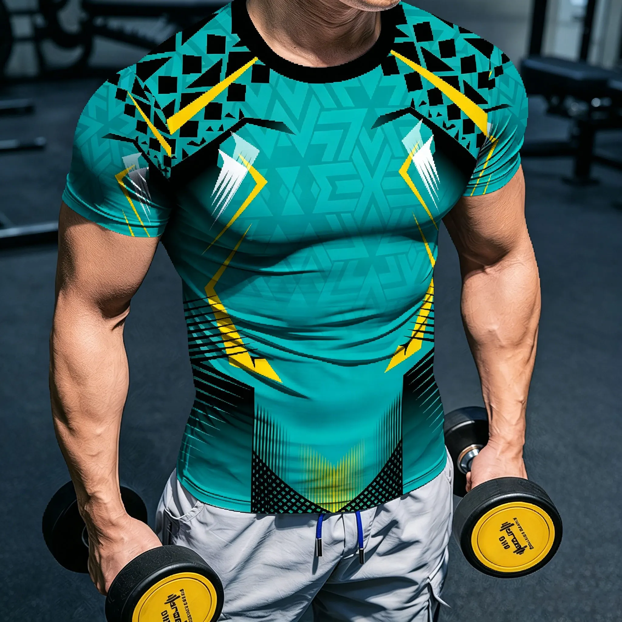 Herren Kompressions-T-Shirt mit geometrischem Tech-Print in Teal-Gelb, atmungsaktiv, schnelltrocknend, hochelastisch, Kurzarm, für Fitness und Sport