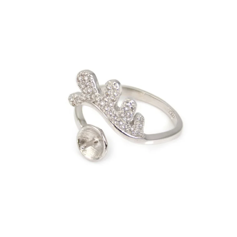 925 Sterling Silver Women Ring Base Setting 17mm Platinum Plated Adjustable Micro Pave Zirconia Tray 7mm For Half Drilled Beads