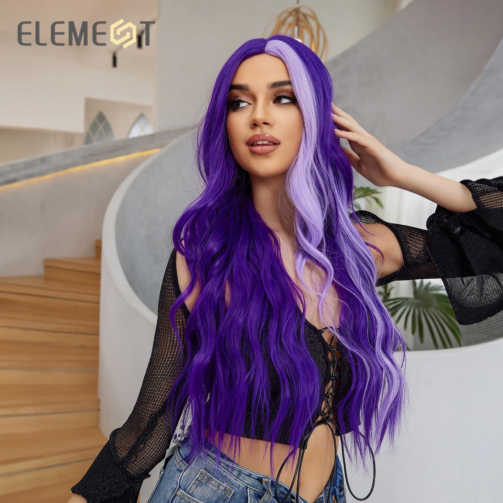 ELEMENT Synthetic Wig Long Wavy Curly Ombre Purple Color to Light Purple Color Wigs for Women and Girls for Party Heat Resistant